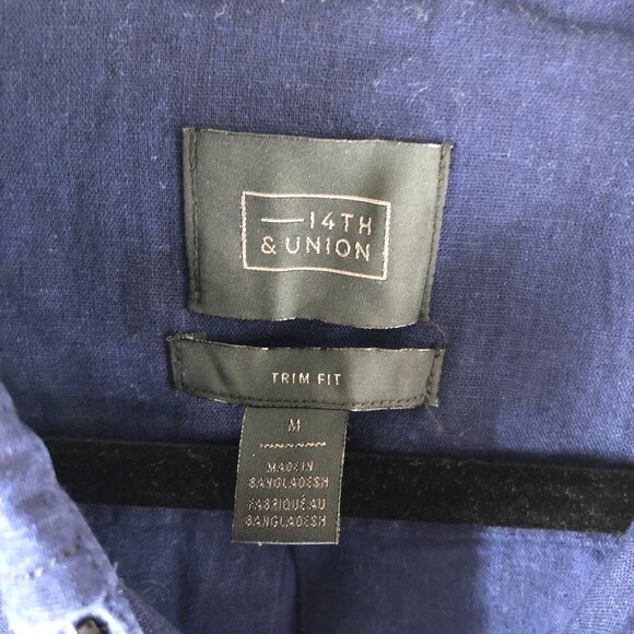 14th & Union Linen & Cotton Button-Up Shirt Trim Fit Short Sleeve Navy Blue M - Picture 3 of 5